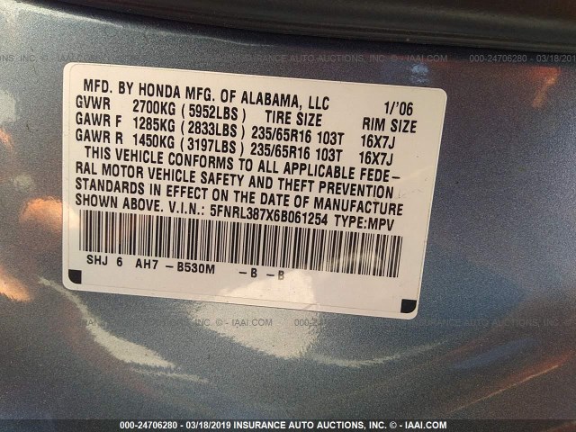 5FNRL387X6B061254 - 2006 HONDA ODYSSEY EXL BLUE photo 9