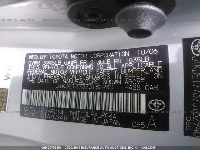 JTKDE177370182940 - 2007 TOYOTA SCION TC SILVER photo 9