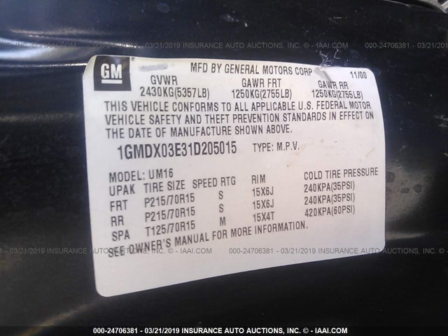 1GMDX03E31D205015 - 2001 PONTIAC MONTANA Dark Blue photo 9