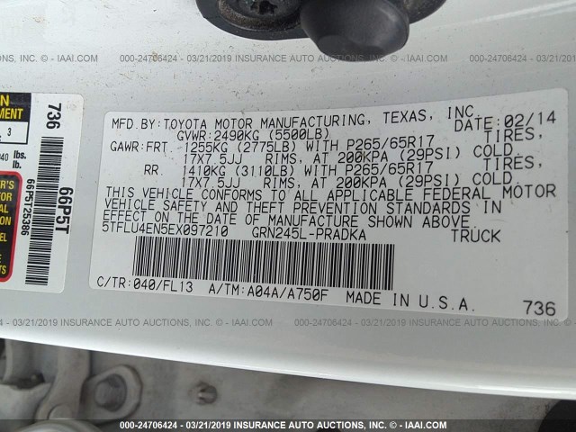 5TFLU4EN5EX097210 - 2014 TOYOTA TACOMA DOUBLE CAB 白色 照片 9