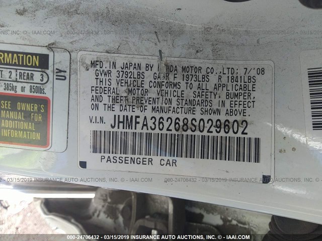 JHMFA36268S029602 - 2008 HONDA CIVIC HYBRID WHITE photo 9