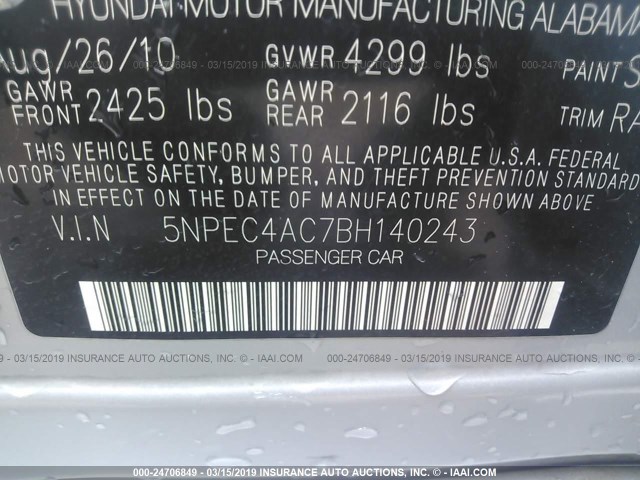 5NPEC4AC7BH140243 - 2011 HYUNDAI SONATA SE/LIMITED SILVER photo 9