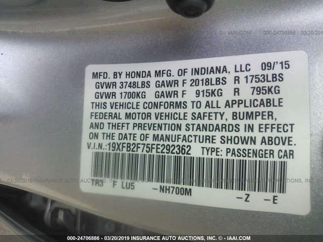 19XFB2F75FE292362 - 2015 HONDA CIVIC SE SILVER photo 9