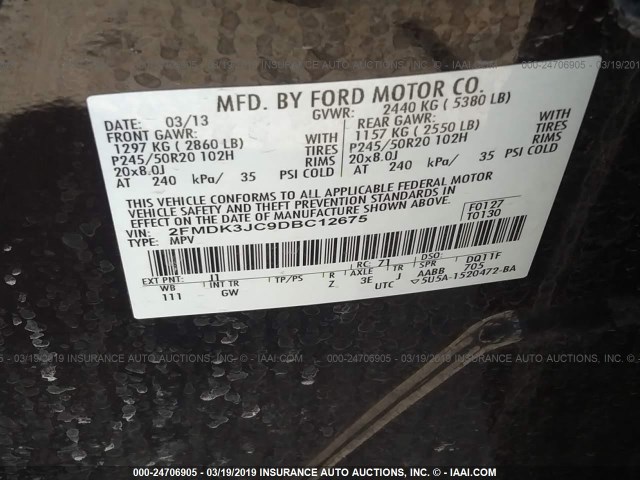 2FMDK3JC9DBC12675 - 2013 FORD EDGE SEL Dark Brown photo 9