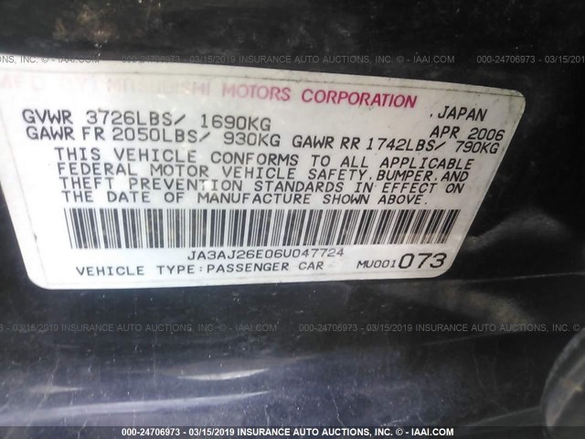 JA3AJ26E06U047724 - 2006 MITSUBISHI LANCER ES BLACK photo 9