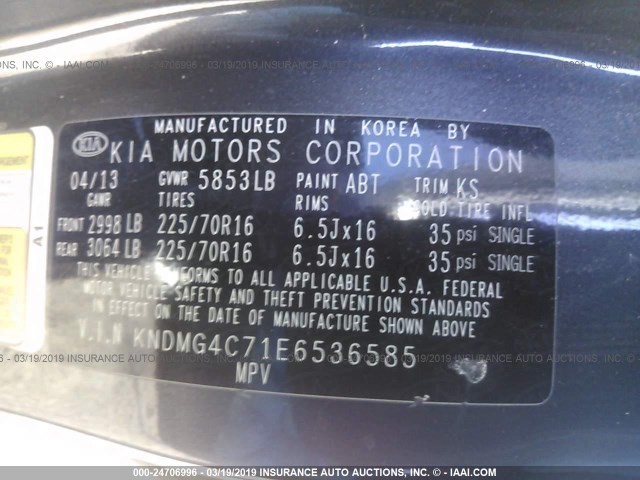 KNDMG4C71E6536585 - 2014 KIA SEDONA LX GRAY photo 9