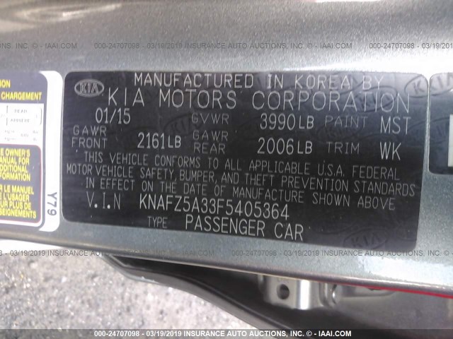 KNAFZ5A33F5405364 - 2015 KIA FORTE SX GRAY photo 9