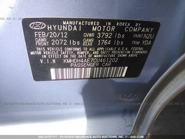 KMHDH4AE7CU461202 - 2012 HYUNDAI ELANTRA GLS/LIMITED Light Blue photo 9