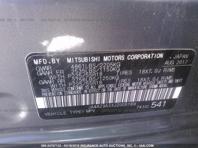 JA4AZ3A33JZ005169 - 2018 MITSUBISHI OUTLANDER SE/SEL GRAY photo 9