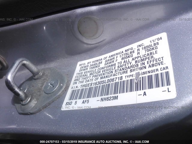 1HGES16305L006718 - 2005 HONDA CIVIC DX VP 银色 照片 9