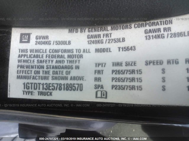 1GTDT13E578189570 - 2007 GMC CANYON BLACK photo 9