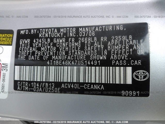 4T1BE46K47U514491 - 2007 TOYOTA CAMRY NEW GENERAT CE/LE/XLE/SE SILVER photo 9