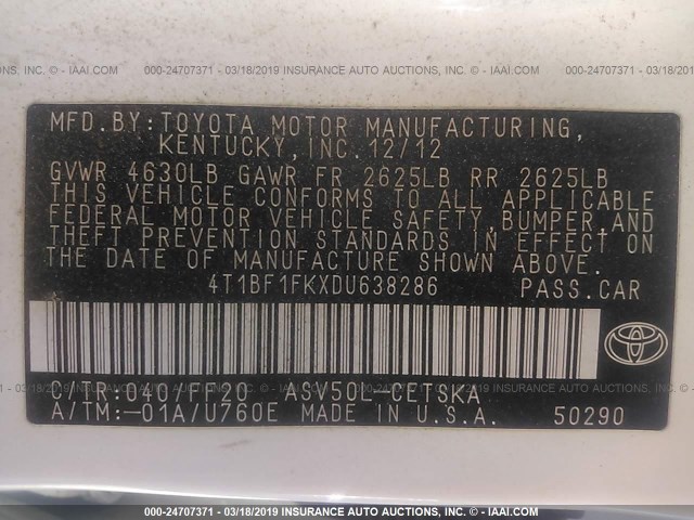 4T1BF1FKXDU638286 - 2013 TOYOTA CAMRY L/SE/LE/XLE 白色 照片 9