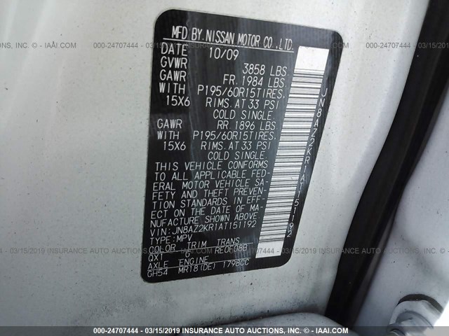 JN8AZ2KR1AT151192 - 2010 NISSAN CUBE S/SL/KROM WHITE photo 9