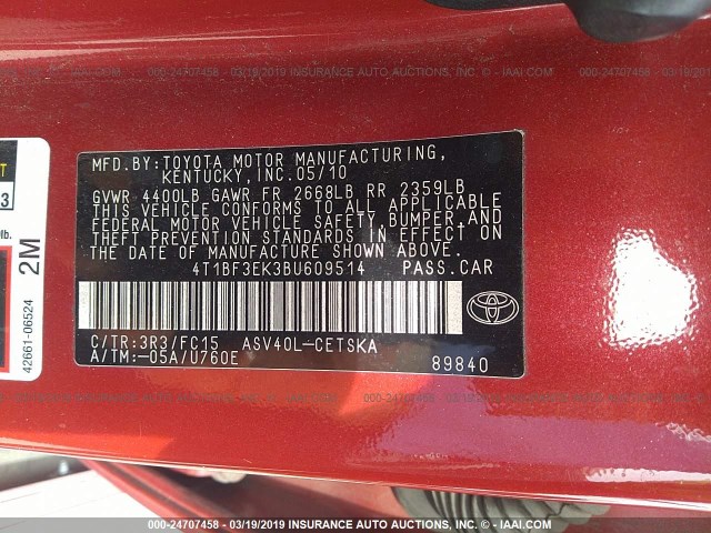 4T1BF3EK3BU609514 - 2011 TOYOTA CAMRY SE/LE/XLE 红色 照片 9