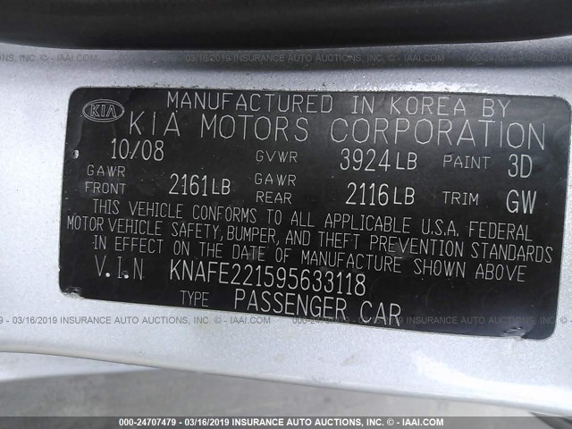 KNAFE221595633118 - 2009 KIA SPECTRA EX/LX/SX SILVER photo 9