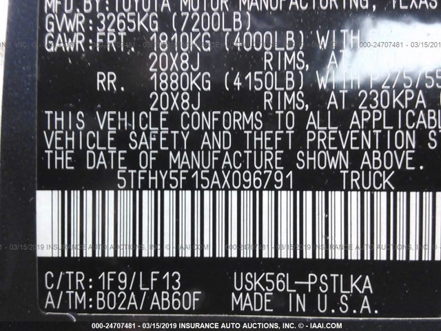 5TFHY5F15AX096791 - 2010 TOYOTA TUNDRA CREWMAX LIMITED BLUE photo 9