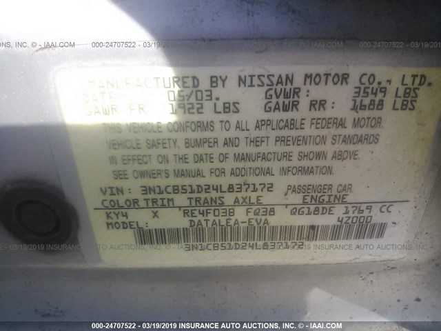 3N1CB51D24L837172 - 2004 NISSAN SENTRA 1.8/1.8S SILVER photo 9