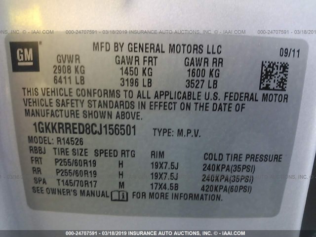 1GKKRRED8CJ156501 - 2012 GMC ACADIA SLT-1 SILVER photo 9