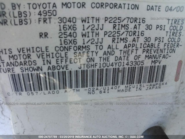 JT6HF10U4Y0143305 - 2000 LEXUS RX 300 WHITE photo 9