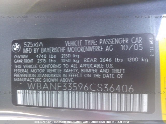 WBANF33596CS36406 - 2006 BMW 525 XI GRAY photo 9