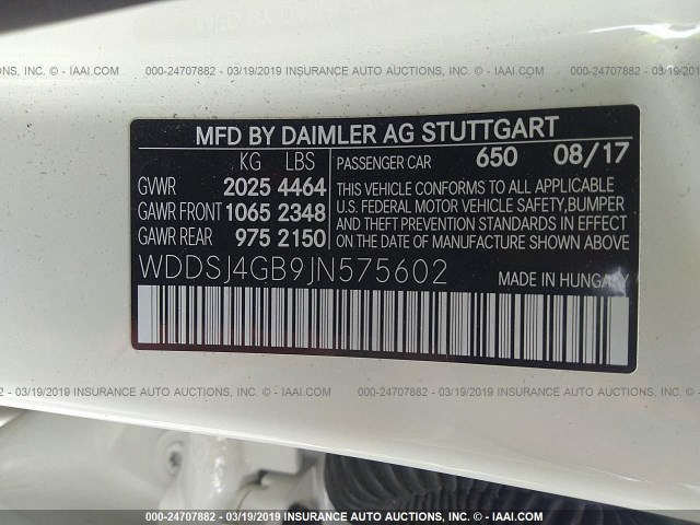 WDDSJ4GB9JN575602 - 2018 MERCEDES-BENZ CLA 250 4MATIC WHITE photo 9