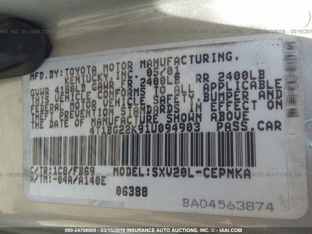 4T1BG22K91U094903 - 2001 TOYOTA CAMRY CE/LE/XLE SILVER photo 9