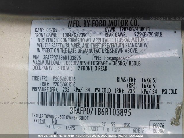 3FAFP07186R103895 - 2006 FORD FUSION SE GOLD photo 9