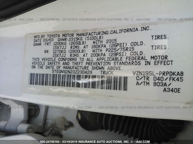 5TEGN92N23Z230429 - 2003 TOYOTA TACOMA DOUBLE CAB PRERUNNER WHITE photo 9