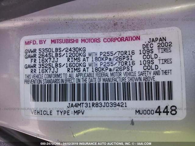 JA4MT31R83J039421 - 2003 MITSUBISHI MONTERO SPORT XLS SILVER photo 9