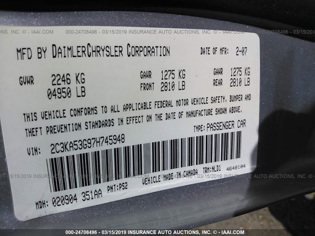 2C3KA53G97H745948 - 2007 CHRYSLER 300 TOURING SILVER photo 9