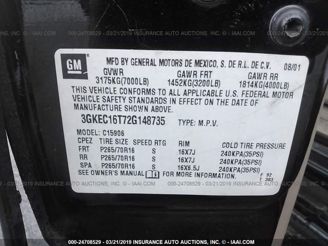 3GKEC16T72G148735 - 2002 GMC YUKON XL C1500 BLACK photo 9