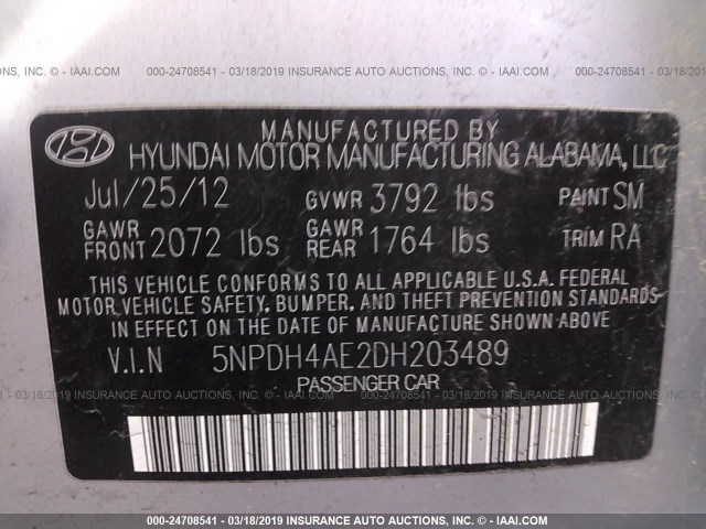 5NPDH4AE2DH203489 - 2013 HYUNDAI ELANTRA GLS/LIMITED SILVER photo 9