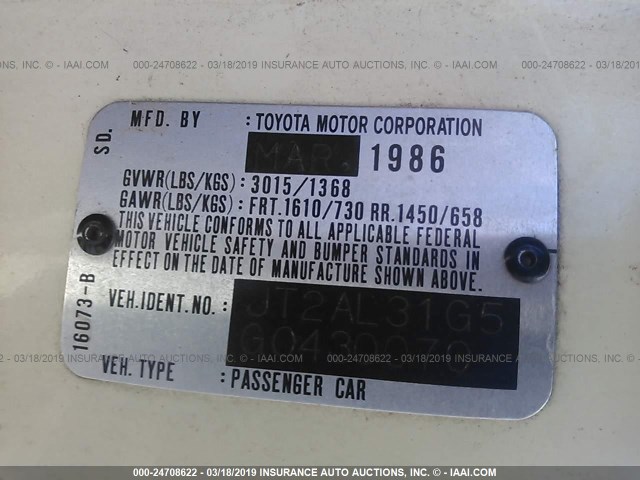 JT2AL31G5G0430070 - 1986 TOYOTA TERCEL CREAM photo 9