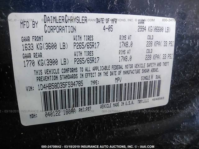 1D4HB58D35F594785 - 2005 DODGE DURANGO LIMITED BLUE photo 9