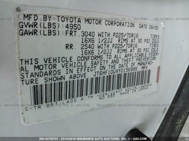 JT6HF10UXY0156995 - 2000 LEXUS RX 300 WHITE photo 9