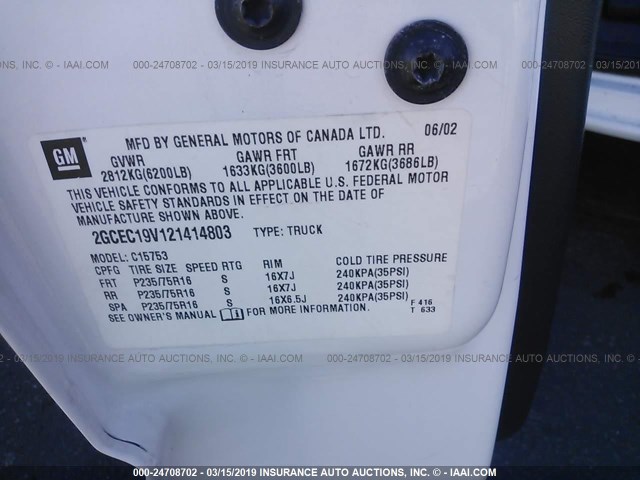 2GCEC19V121414803 - 2002 CHEVROLET SILVERADO C1500 WHITE photo 9