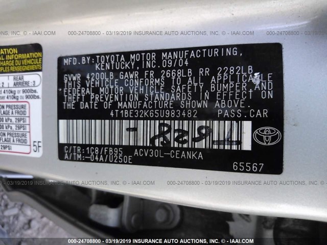 4T1BE32K65U983482 - 2005 TOYOTA CAMRY LE/XLE/SE SILVER photo 9