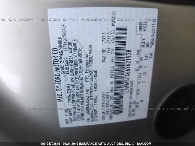 1LNFM87A66Y621938 - 2006 LINCOLN LS GOLD photo 9