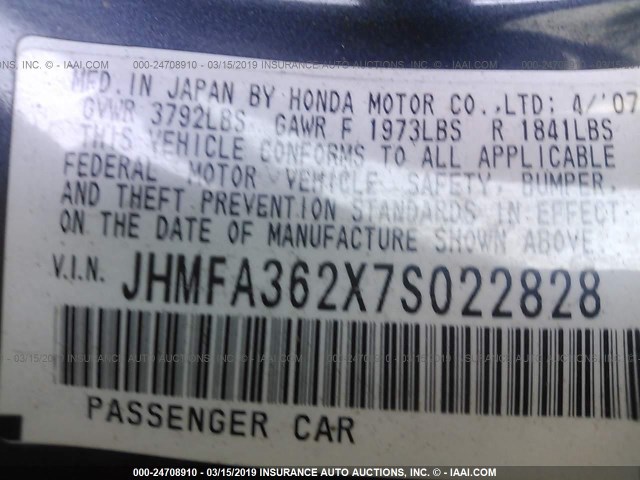 JHMFA362X7S022828 - 2007 HONDA CIVIC HYBRID GRAY photo 9