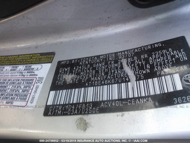 4T1BE46K67U144175 - 2007 TOYOTA CAMRY NEW GENERAT CE/LE/XLE/SE GRAY photo 9