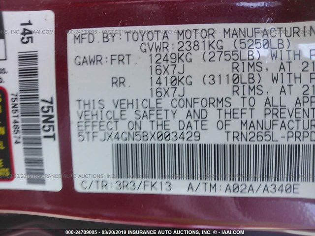 5TFJX4GN5BX003429 - 2011 TOYOTA TACOMA DOUBLE CAB 红色 照片 9