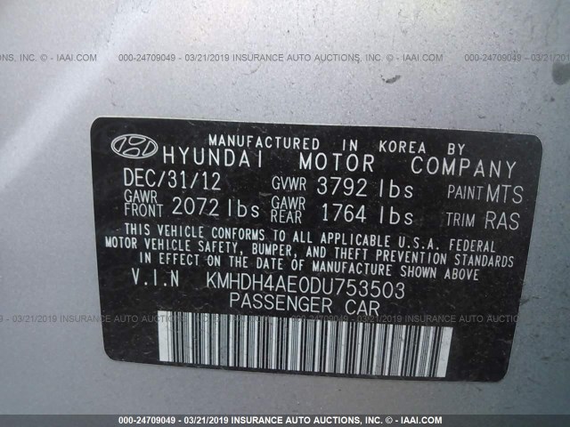 KMHDH4AE0DU753503 - 2013 HYUNDAI ELANTRA GLS/LIMITED SILVER photo 9