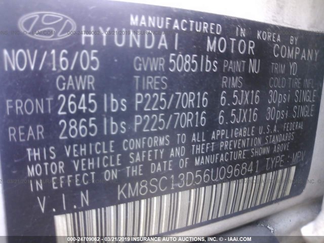 KM8SC13D56U096841 - 2006 HYUNDAI SANTA FE GLS/LIMITED WHITE photo 9