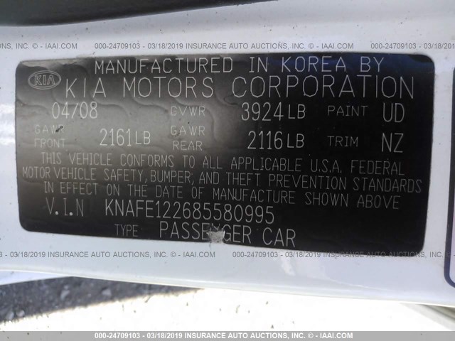 KNAFE122685580995 - 2008 KIA SPECTRA EX/LX/SX WHITE photo 9