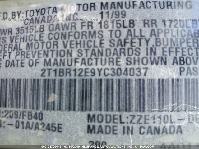 2T1BR12E9YC304037 - 2000 TOYOTA COROLLA VE/CE/LE 黑色 照片 9