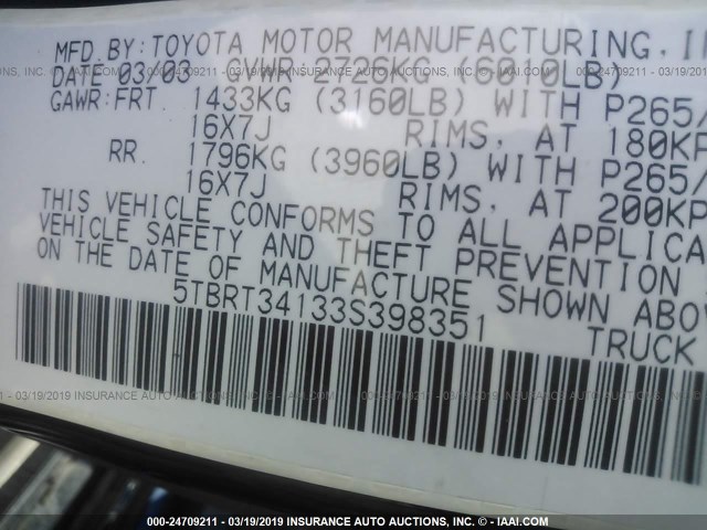 5TBRT34133S398351 - 2003 TOYOTA TUNDRA ACCESS CAB SR5 BLUE photo 9