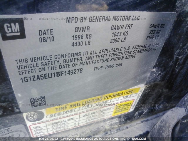 1G1ZA5EU1BF149278 - 2011 CHEVROLET MALIBU LS BLUE photo 9