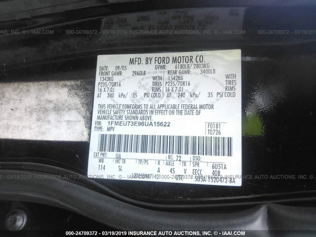 1FMEU73E96UA15622 - 2006 FORD EXPLORER XLT BLACK photo 9