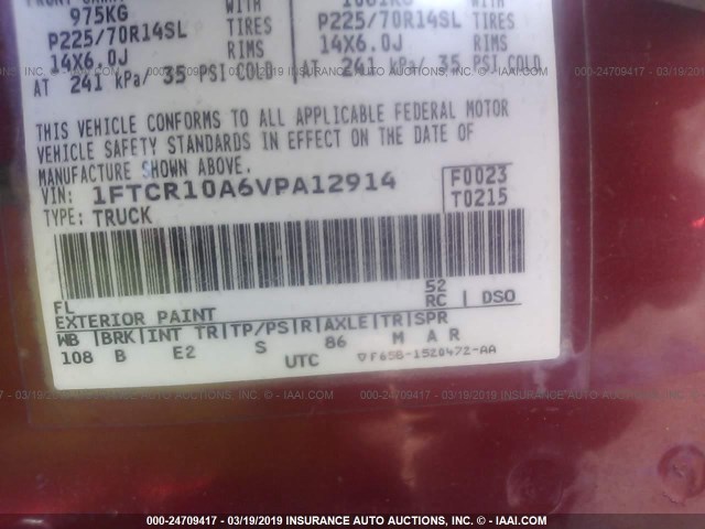 1FTCR10A6VPA12914 - 1997 FORD RANGER RED photo 9